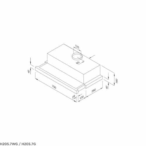 Kích thước máy hút mùi âm tủ Malloca H205.7-G