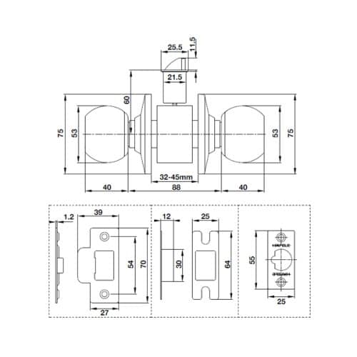 Khóa tay nắm tròn cửa đi Hafele 489.93.130 3 Kích thước của Khóa tay nắm tròn cửa đi Hafele 489.93.130