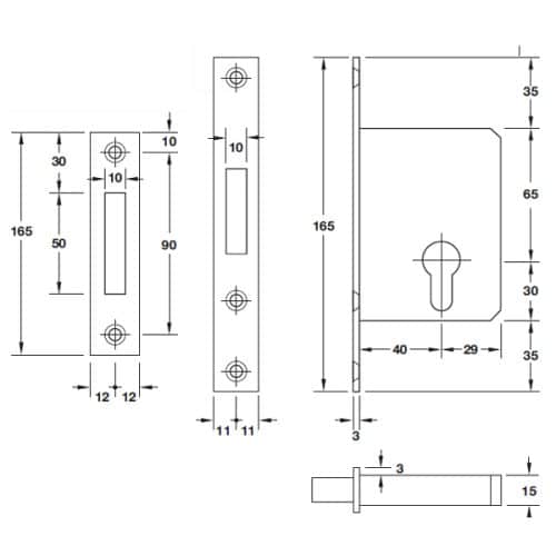 Kích thước của Thân khóa cho cửa trượt Hafele 911.26.277