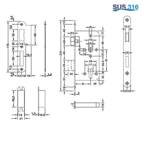 Kích thước của Thân khóa lưỡi gà chốt chết Inox 316 Hafele 911.25.402