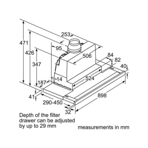 Kích thước máy hút mùi âm tủ Bosch DFS097J50B